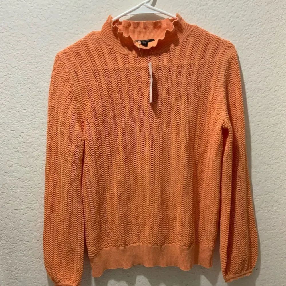J. Crew Womens Sweater XSmall Melon Pointelle Ruffle Mock Neck Knit Pullover